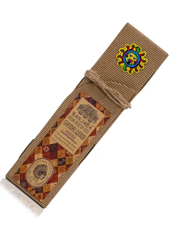 Caja de incienso Banjara Resina Ritual Sandalo – varillas artesanales con resina de sándalo, inspiradas en la sabiduría chamánica azteca para purificación energética y conexión espiritual