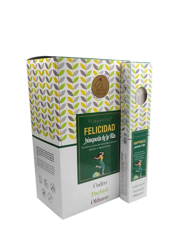Incienso organico Gama Blissful Blends Felicidad de Vijayshree Agarbatti Masala hecho a mano en caja 12 uds