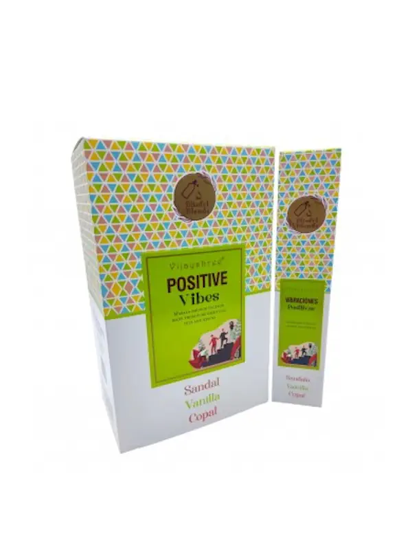 Incienso organico Blissful Blends Vibraciones Positivas de Vijayshree Agarbatti Masala hecho a mano en caja 12 uds
